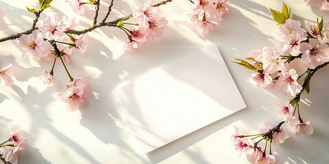 Poster - Blank card surrounded by delicate pink cherry blossoms on a light wooden surface with soft shadows creating an elegant spring ambiance.