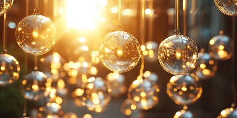 Poster - Elegant sunlight reflecting through hanging glass orbs, golden hues shining in the background, creating a warm and enchanting ambiance.