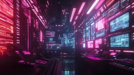 Poster - A futuristic control room with data streams projecting from the ceiling and illuminating the space, showcasing the advanced technology and glowing consoles