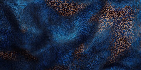 Leinwandbilder - Vibrant blue textured abstract background with intricate metallic orange lines weaving through a fluid surface, creating a dynamic visual contrast.