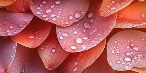 Poster - Close-up view of pink flower petals with dew droplets, arranged horizontally, featuring vibrant shades of pink and ample empty space for text.