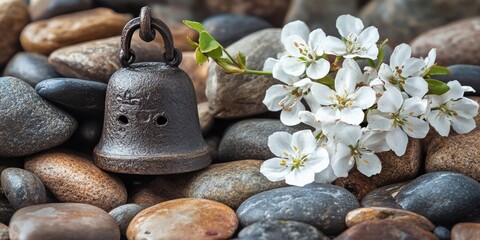 Fototapete - White flowers beside a rustic bronze bell on smooth, multicolored pebbles with a serene natural backdrop enhancing tranquility and beauty