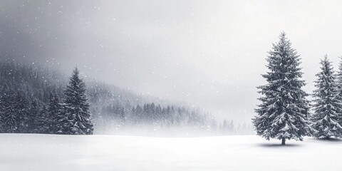 Aufkleber - Serene gray winter landscape featuring snow-covered evergreen trees on the right side with gentle snowfall in a vast white foreground.