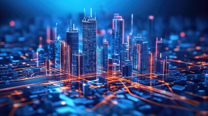 Poster - A futuristic holographic city map, highlighting educational advancements that drive the flow of ideas, commerce, and innovation throughout the metropolis.