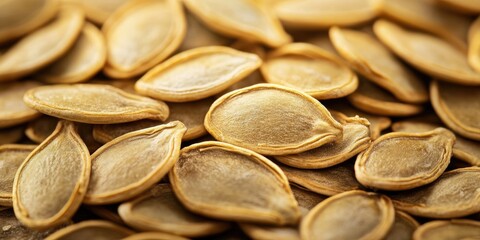 Poster - Golden pumpkin seeds scattered on a wooden surface, showcasing their smooth texture and light brown hues, creating an organic and natural feel.