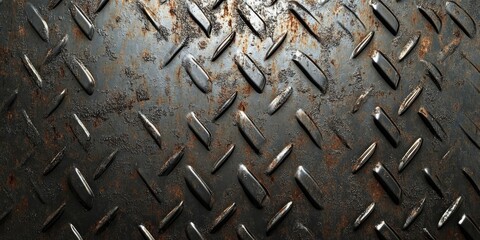Poster - Textured rusty steel surface with diamond patterns in dark gray and brown tones, highlighting varying degrees of wear and moisture for industrial use.