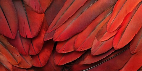Poster - Vibrant close-up of overlapping red bird feathers, showcasing rich textures and shades of crimson, with dark, thin quills accentuating their beauty.