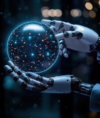 Poster - Futuristic robotic hands holding a glowing sphere of interconnected nodes and light representing technology and innovation in a digital universe environment