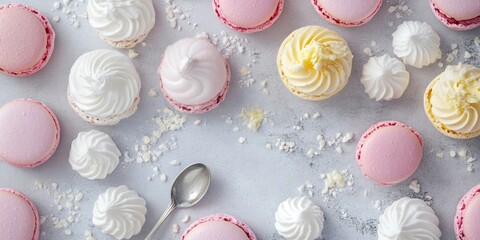 Poster - Overhead view of pink, white, and yellow macarons and meringues arranged on a gray background with a teaspoon positioned on the left side.