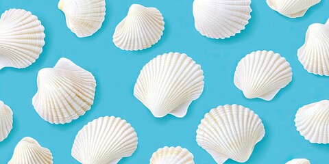 Poster - White scallop shells scattered on a vibrant turquoise background, showcasing various sizes and shapes, ideal for beach or ocean-themed designs.