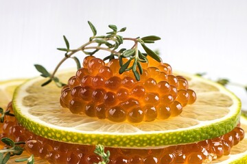 Wall Mural - Close-up, red caviar on lime slices with thyme