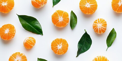 Poster - Mandarin oranges sliced and whole with vibrant orange segments and green leaves arranged on a clean white background in a top down view