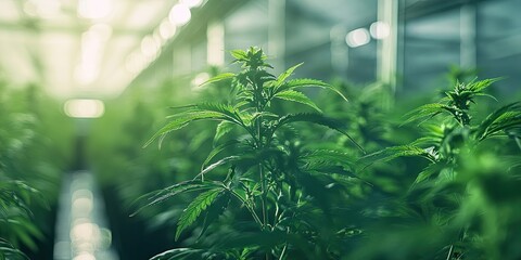 Aufkleber - Lush green cannabis plants grow in a well-lit indoor greenhouse with bright light filtering through, creating a soft, glowing atmosphere.