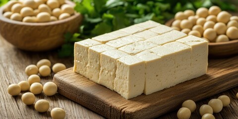 Poster - Nutritious soybean-based tofu on a wooden cutting board surrounded by whole soybeans and fresh herbs in a natural light setting.
