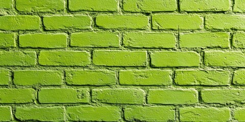 Poster - Vibrant green brick wall textured background with uneven bricks arranged in a uniform pattern showcasing different shades of lime green.