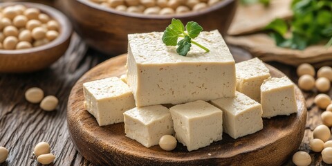 Aufkleber - Nutritious soybean tofu on wooden plate surrounded by soybeans and green herbs in a rustic setting highlighting wholesome food concepts.