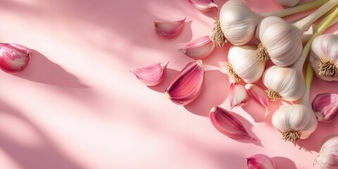 Poster - Fresh garlic bulbs and cloves scattered on a soft pink background with subtle shadows casting over the surface highlighting their textures.