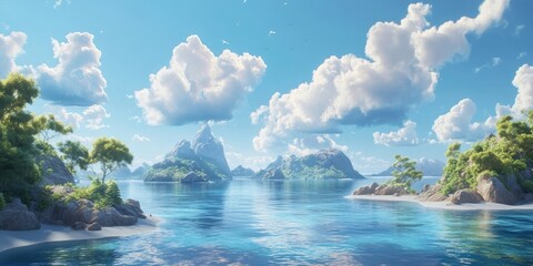 Aufkleber - Serene tropical seascape with lush green islands and vibrant blue waters under a bright sky filled with fluffy white clouds, calm and tranquil.