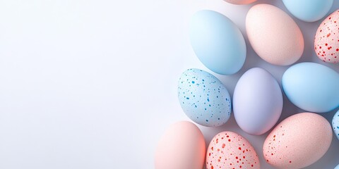 Poster - Pastel colored Easter eggs in soft blue, pink, and lavender shades arranged on a white table with ample negative space for mockup designs.