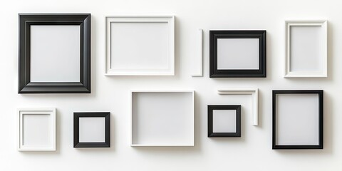 Aufkleber - Assorted black and white photo frames arranged in various sizes on a clean white background creating a modern minimalistic aesthetic