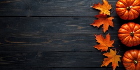 Poster - Autumnal still life featuring three vibrant orange pumpkins and scattered red-orange maple leaves on a rustic black wooden background