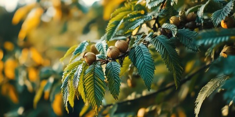 Poster - Vibrant green hazelnut leaves with golden autumn hues and clusters of ripe nuts under soft natural sunlight creating a warm organic ambiance