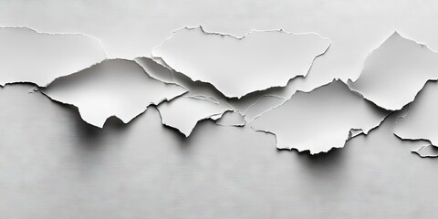 Fototapete - Torn white paper fragments arranged horizontally on a smooth gray backdrop creating a textured abstract design with shadows and depth.