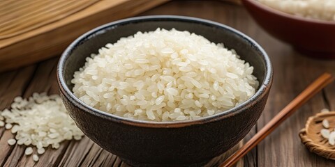 Poster - Freshly harvested white rice in a textured black bowl on a wooden surface, with a wooden spoon and grains scattered around, warm neutral tones.
