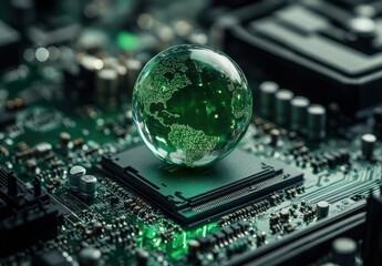 Poster - Glass globe with green continents placed on computer circuit board against a dark background representing technology and environment connection