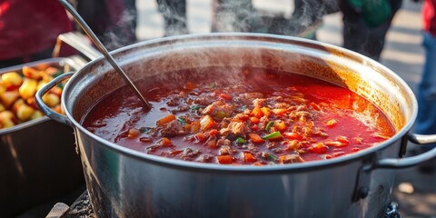 Aufkleber - Steaming pot of hearty vegetable stew filled with colorful carrots, green peppers, and chunks of beef, reflecting warm red and silver tones.