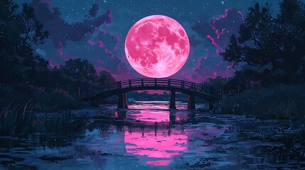 Sticker - Pink Moon over Serene Night Landscape with Bridge