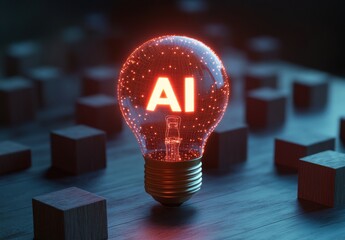 Poster - Glowing Light Bulb with AI Text and Digital Particles in a Dark Environment for Innovation and Technology Concepts