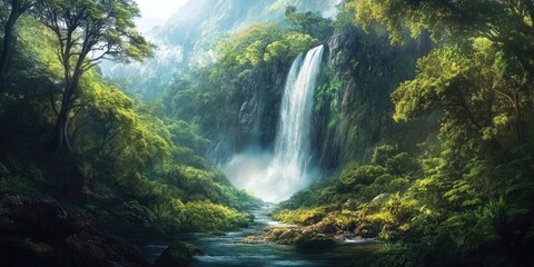 Poster - Lush green landscape featuring a majestic waterfall cascading into a serene river surrounded by vibrant foliage and misty sunlight in the background