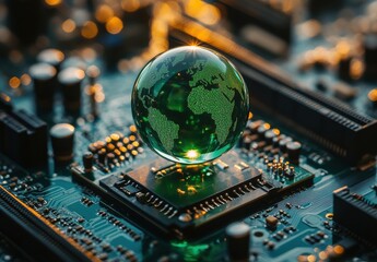 Poster - Green Globe on Circuit Board, Symbolizing Technology and Environmental Sustainability in a Digital World of Innovation and Connectivity