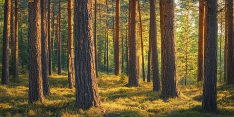 Fototapete - Sunlit forest showcasing tall pine trees with textured bark, golden sunlight filtering through foliage, and lush green undergrowth at dawn.