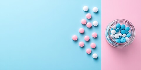 Poster - Colorful pastel candies scattered on a soft blue and pink split background with a glass jar filled with blue and white candies on the right side.
