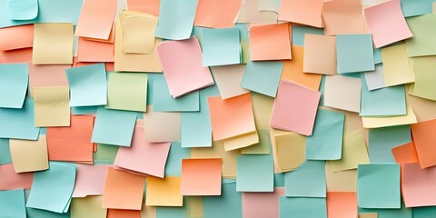 Poster - Colorful collection of sticky notes in pastel hues arranged haphazardly on a white background showcasing a creative and organized workspace environment