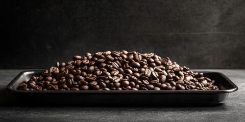 Poster - Piled roasted coffee beans in deep brown tones on a dark rectangular tray against a textured gray background showcasing depth and texture.
