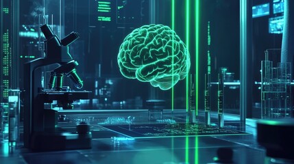 Poster - A futuristic lab scene with a holographic brain sending green laser beams of data to microscopes, representing advanced AI and neural research.