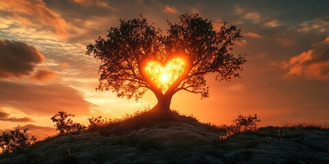 Poster - Heart-shaped sunlight shining through a tree silhouette on a hill with warm orange and golden hues against a dramatic sunset sky.