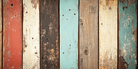 Poster - Vintage rustic wooden planks with weathered paint in red, blue, brown, and cream positioned in a vertical arrangement against a neutral background.