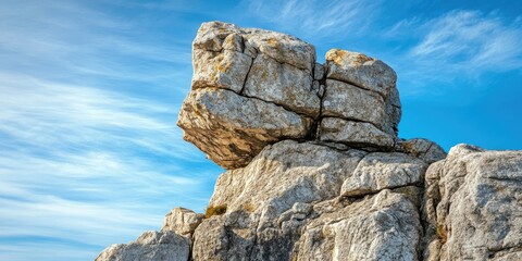 Aufkleber - Majestic rock formation with layered gray stones against a bright blue sky and wispy clouds, showcasing natural beauty and texture in landscape.