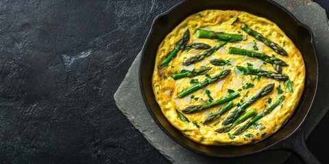 Poster - Aerial view of a savory asparagus and onion omelet in a cast iron skillet on a textured dark stone surface with ample copy space to the right