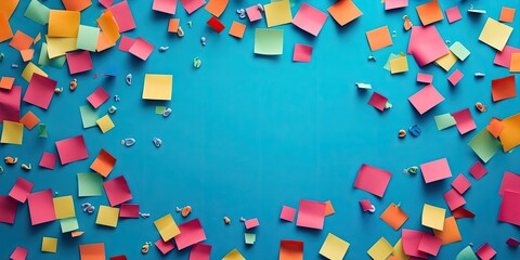 Poster - Scattered colorful sticky notes in pink yellow and green over a turquoise background with ample space for text in the center of the image