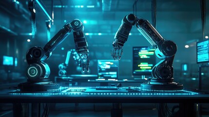 Poster - A futuristic robotic workstation illuminated by blue and green LED lights, with robots interacting, showcasing the advancement and interconnectedness of modern technology.