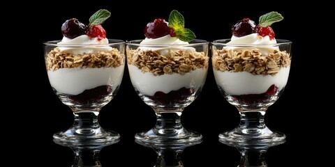 Poster - Yogurt parfaits with layers of granola and cherries in three clear glass cups on a black background showcasing textures and vibrant colors