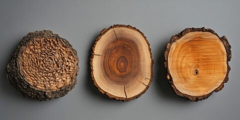 Aufkleber - Three wooden tree slices on a gray background showcasing distinct textures and colors from rough bark to smooth polished wood surfaces.