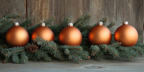 Aufkleber - Warm copper holiday ornaments lined up on evergreen branches against a rustic wooden background, creating a festive and cozy atmosphere.