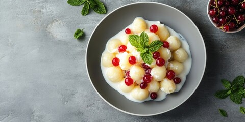 Poster - Delicious creamy dessert with melon balls and red currants garnished with mint on a grey textured background, served in a shallow bowl.