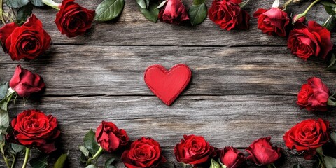 Aufkleber - Red roses arranged symmetrically around a small red heart on a rustic wooden background, creating a romantic and inviting atmosphere.